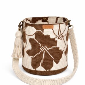 Blommig bucket bag med tofs - Brun/vit